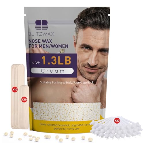 BLITZWAX 1.3lb Hard Wax Bead Kit for Men and Women Hair Removal, Cream Scent Wax Beans for Nose, Sensitive Skin, Brazilian, Body, Face, Waxing Pearls Bulk with 50pcs Sticks for Beginners and Home Use