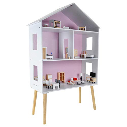 Bandits & Angels Puppenhaus aus Holz, weiß-rosa, Modern Villa ab 3 Jahren, 115,5 cm hoch – inklusive 47 Möbelstücken – Puppenhaus – Puppenspielzeug