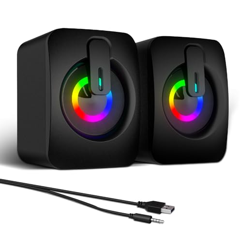 MELOGAGA RGB Computer Speakers, USB-Powered PC Speakers with 7-Color LED Backlight, 3.5mm Aux Compact Soundbar for Desktop, Laptop, Tablet – Crisp Audio & Space-Saving Design