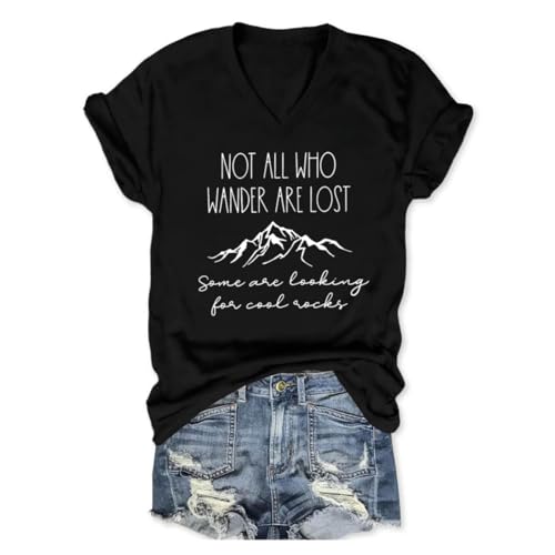 Camping Shirts Women Not All Who Wander are Lost V Neck Graphic T Shirt Funny Camper Travel Hiking Short Sleeve Tees Black