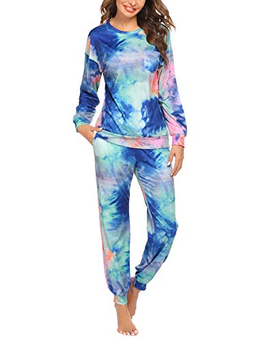 Ekouaer Pajamas for Women Pj Set Cotton Long Sleeve Top and Pants with Pockets Crewneck Pjs Sleepwear Tie Dye M