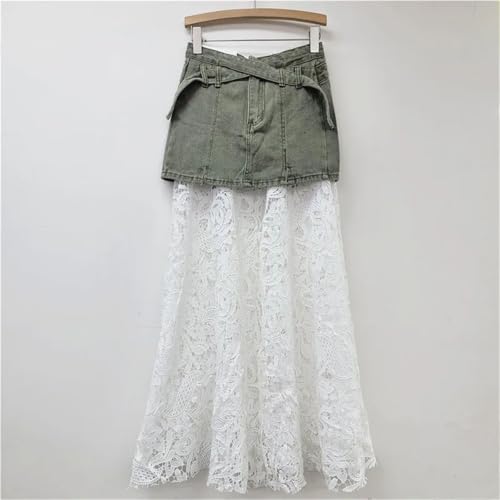 Womens Mid Length Denim Skirt with Lace Patchwork Slimming Denim Skirt Flowy Breathable Style3