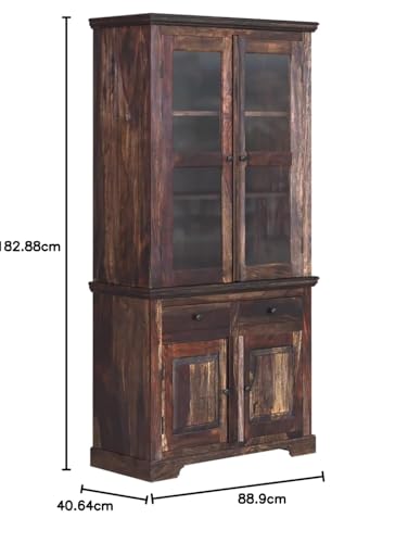Image of Solid Sheesham Wood Imperial Storage Cabinet|Wooden Display Unit for Kitchen |Wooden Bookshelf with Drawers for Living Room(Warm)