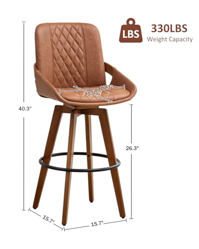 Image of AQG Counter Height Bar Stools, Mid Century Modern Bar Chairs Swivel with Back, Faux Leather Upholstered Barstools Walnut Wood Frame for Kitchen Island (Brown, 26 Inch - 1 PCS)