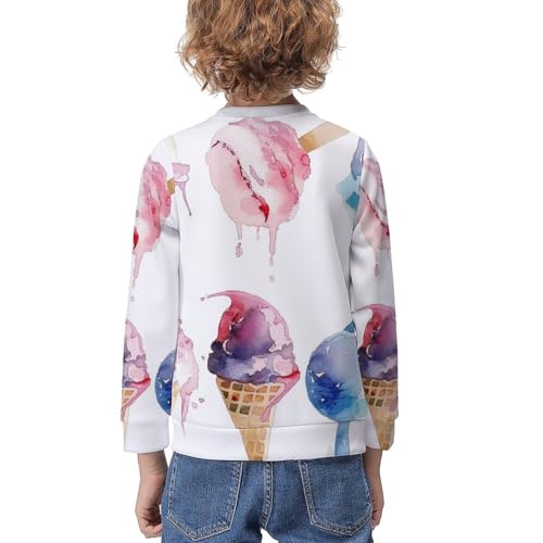 Watercolor Ice Cream in Waffle ConesChildren's Casual Pullover Sweatshirt Loose Fit9-11Y2