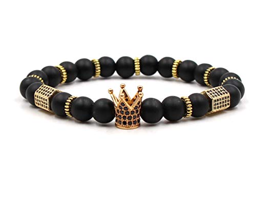 Bracelet en pierre de lave naturelle 8mm et perles couronne zircon pour homme et femme