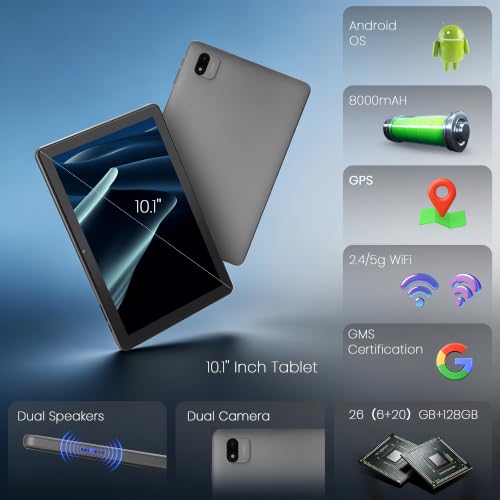 Paaxoo Android 16 Tablet, 25,7 cm (10,1 Zoll), HD IPS, 26 GB RAM, 128 GB ROM, WiFi（Grau – Ansicht 2