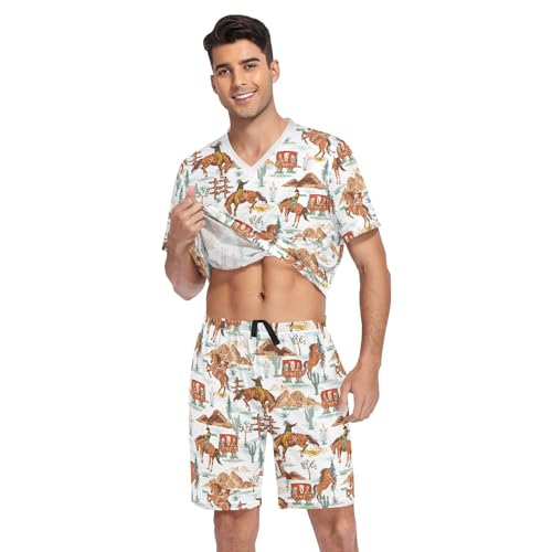 Men's Pajama Set Summer Short Sleeve Western Cowboy Loungewear 2 Piece Sleepwear Set with Pockets3
