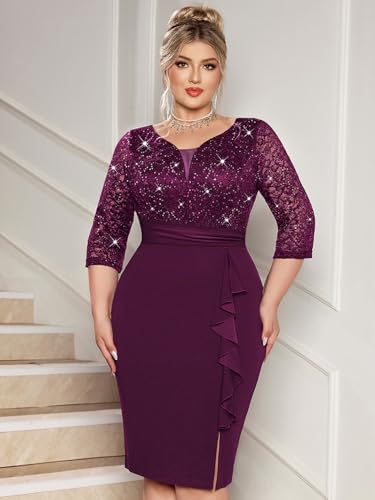 MISSMAY Women's Plus Size Sequined Lace V Neck Ruffle Split Hem Wedding Party Bodycon Cocktail Dress3