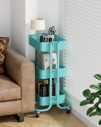 Pipishell 3-Tier Metal Rolling Utility Cart, Heavy-Duty Storage Cart With 2 Lockable Wheels, Multifunctional Mesh Organization Cart For Kitchen Dining Room Living Room (Turquoise) #TOP2
