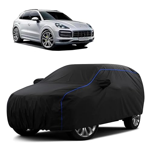 Image of Sulfar 100% Water Resistant Car Body Cover Compatible with Mirror for Porsche Cayenne (Triple Stitched, Full Bottom Elastic, Black Tafetta with Blue Piping)