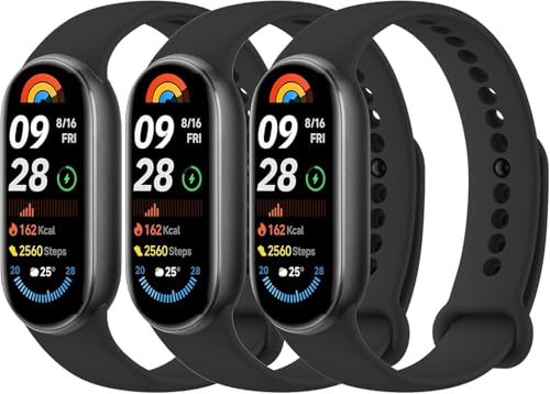 Yisica 3 Stück Ersatzbänder Kompatibel mit Xiaomi Smart Band 10/9/8 Weiche Sportliche Armbänder Armband mit Metallverbinder Atmungsaktiv Verstellbar Schnellverschluss (Schwarz+Schwarz+Schwarz)