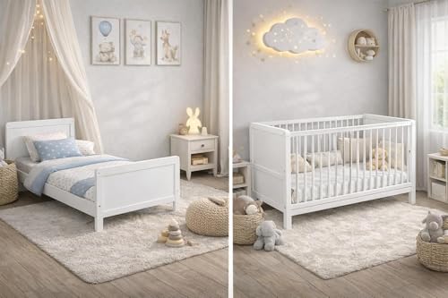 Baby Happy Bliss Lit bébé évolutif Nelly 120x60 cm – Bois de hêtre – Lit Junior Convertible – Sommier réglable – en 716 (Blanc)