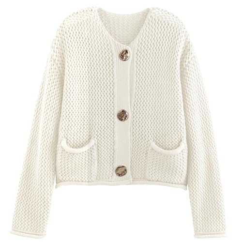 Yimoon Womens Cropped Cardigan Sweaters Gold Button Down Chunky Knit Sweaters Long Sleeve Open Front Fall Crochet Cardigan(Beige-S)