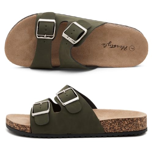 Image of Herstyle Womens Cork Footbed Slides for Women, Double Strap Flat Sandals, Adjustable Buckle Comfort Slip On Shoes, Summer Beach Casual Walking Slippers