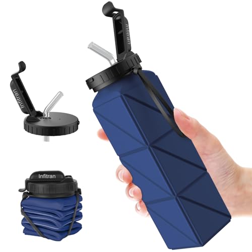 Infitran Collapsible Water Bottles, BPA-Free Silicone Foldable Water Bottle Cup with Straw Strap 20.6oz,Leak-Proof Durable Lightweight Bottle for Gym Travel Camping Hiking Running Sport,DarkBlue