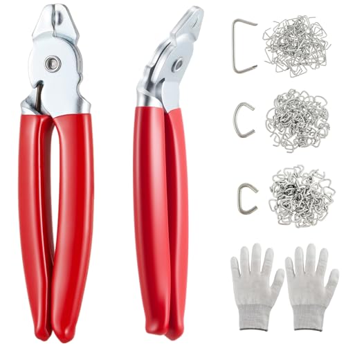 Lanties 300 Pcs Hog Rings with 2 Pcs Hog Ring Pliers Kit Straight & 45 Bent 3/4 1/2 3/8 Galvanized Steel a Pair of Gloves for Animal Cages Ropes Bags DIY Auto Upholstery Repairs(Red)