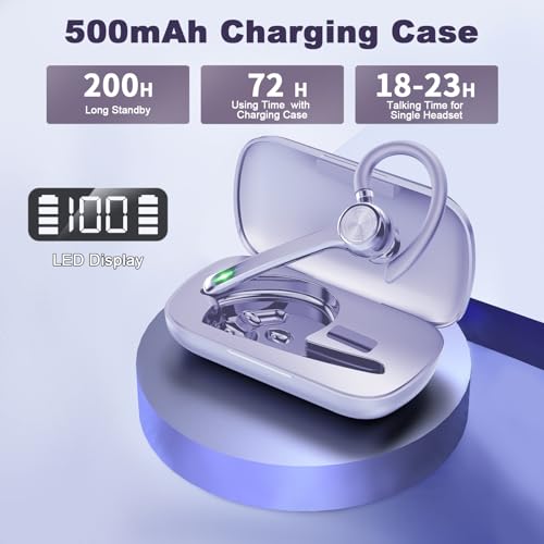 Image of HEIBAS Bluetooth Headset, Wireless Earpiece with Mic for Work | 72H Playtime, 500mAh Charging Case, Hands-Free Calling with Mute Button for Work, Trucker, Office, Driving, Lilac Purple