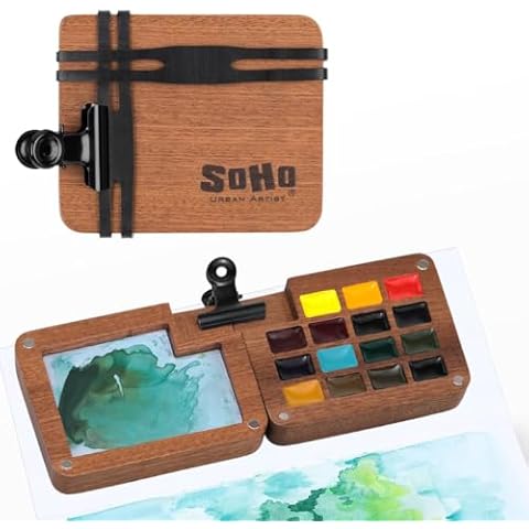 SoHo Urban Artist Mini Wooden Travel Watercolor Set of 15 - Professional Watercolor Paint Set for Watercolorists & Plein Air Artists, Semi-Moist Pans, Pocket-Sized Magnetic Wood Case with Mixing Area Cover