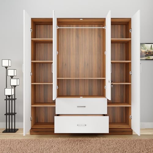 Image of VIKI Wardrobe | Wooden Almirah for Clothes,Door for Bedroom, 4 Door Wardrobe with Drawer, Mirror & Hanging Space (Walnut & White - 40D x 160W x 180H) | 1 Year Warranty | Free Assembly