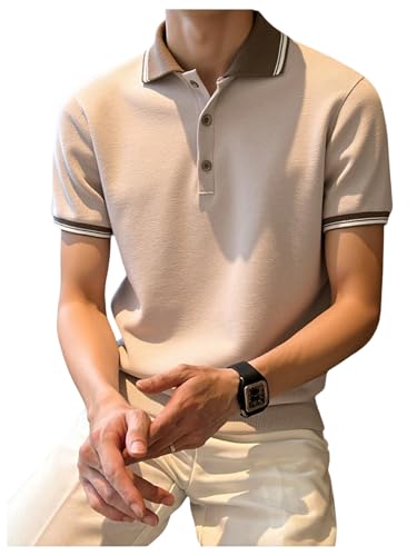 SOLY HUX Men's Short Sleeve Knit Sweater Casual Collared Golf Pullover Sweaters Beige Striped Large