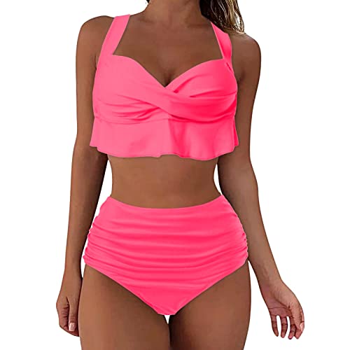 Bikini para mujer con cuello en V, cintura alta, bikinis de pecho grande, traje de baño deportivo, traje de baño UV, permeable a los rayos UV, ropa de baño, Rosa., XXL