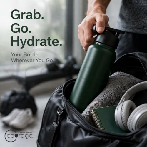 Image of COURAGE Stainless Steel Customize Sipper Water Bottle 1Liter Leak Proof for Fridge Home Office Travel School Kids Boys Girls Adults Sports Gym Yoga - Green