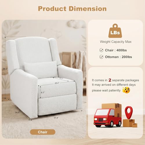 Image of Power Nursery Rocking Chairs Set of 2, Skin-Friendly Teddy Fabric Nursery Recliner Chair Swivel Gilder, Power Nursing Chair for Adults with Waist Pillow, USB Charging,Beige