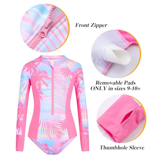 Rashguard Swimsuit for Girls One Piece Long Sleeve Two Piece Rash Guard Sets with Shorts Kids UPF 50+ Sun Protection Bating Suits Pink Palm Size 9-10 — view 3