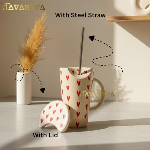 Image of Handmade Ceramic Mug, Tumbler with Lid & Straw Beige with Red Heart Print Tumbler, Cup for Hot & Cold Beverages | Microwave & Dishwasher Safe | Perfect for Gifting (Red Heart)