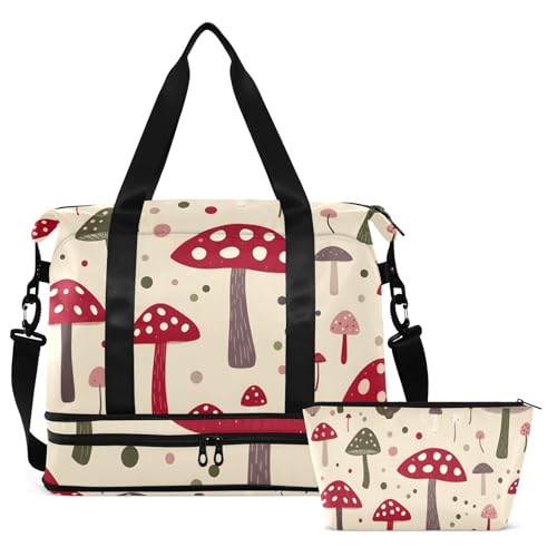 ALAZA Sports Duffel Bags with Toiletry Bag Set,Mushroom Dots Pattern Travel Duffel Bags Multi Pockets Weekend Bag