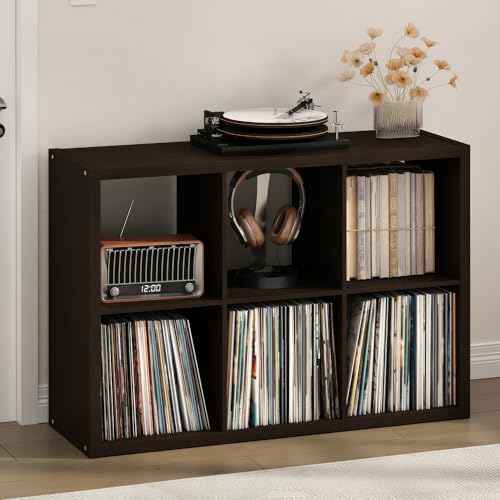 Image of Furinno Cubicle Record Player Stand with Vinyl Storage, 6-Cube 1.2 Extra Thick Vinyl Record Storage, Open Back Media Shelf for CD DVD Blueray Game Disc, for Living Room, Home Office, Black Dark Oak