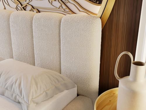 GRAINGOLD Cloud Bett 140x200, Polsterbett mit Bettkasten, Polsterbett mit Stauraum, Bouclé-Stoff, mit Lattenrost, mit Kopfteil, ohne Matratze (Beige, 140x200)