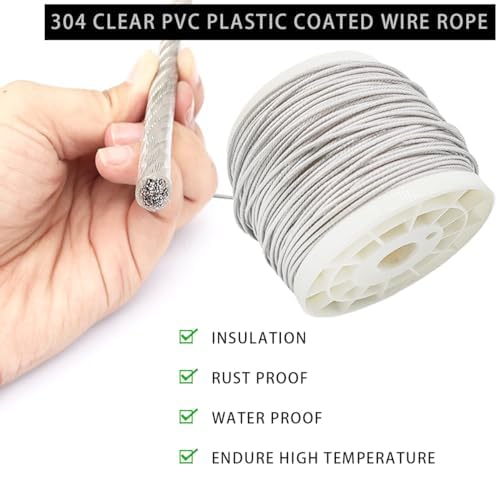 Cable de Acero Inoxidable 304, Cuerda de Alambre Estructura 7×7, 100 m, Incluye 100 Manguitos de Aluminio, Adecuado para Suspender Guirnaldas de Luces Exteriores y Uso en Jardines.