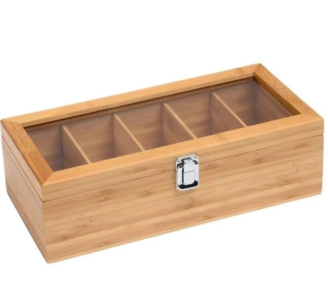 ASelected Teebox 5 Fächer Bambus Klappdeckel Tee Organizer mit Acryl-Glasdeckel 30 x 10 x 9 CM Teebeutel Organizer für Aufbewahrung von Gewürzen Backzutaten Kaffeebohnen Schmuck usw