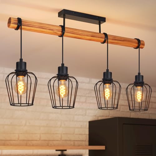 ZMH Vintage Plafonnier Salon Bois : Lustre Style Industriel Noir 4 Lumières Rétro - Applique...