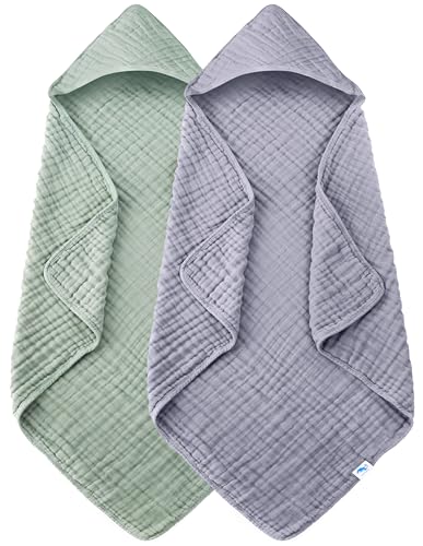 Image of SWEET DOLPHIN Muslin Hooded Baby Bath Towels - 2 Pack 100% Cotton Towel for Babies, Infants, Toddlers - 32x32Inch - Highly Absorbent and Newborn Essential, Green and Grey