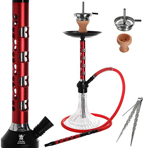 Kaya ELOX Eco Pentagon Medium Shisha Set - Höhe 64cm - Hookah mit Zubehör Kamin Schlauch Alu Mundstück Kohlezange (Rot)