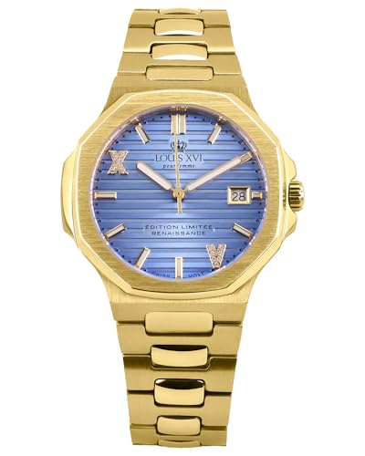 LOUIS XVI Renaissance Femme 6103 - Ø 35 mm - Damen Uhr - Wasserdicht - Armband Gold - Zifferblatt Frozen Blue mit Diamanten - Schweizer Quarzwerk