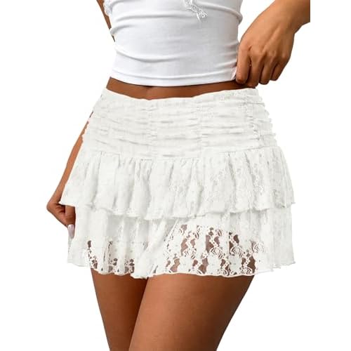 LOMON Women's Y2K Lace Mini Skirt with Shorts Ruffle Hight Waisted Skort Coquette Skirts