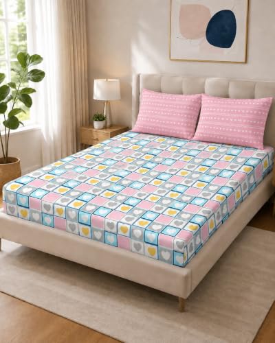 Image of RD TREND Premium Elastic Fitted Bedsheet for Double Bed King Size(78x72x8 Inches) with 2 Pillow Covers Size (18x28 Inches) Color- Pink Heart