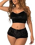 NewBull Women Sexy Lingerie Babydoll Strappy Velvet Pajama Set 2 Piece Sleepwear Camisole with Shorts Outfit (US, Alpha, Medium, Regular, Regular, Black)
