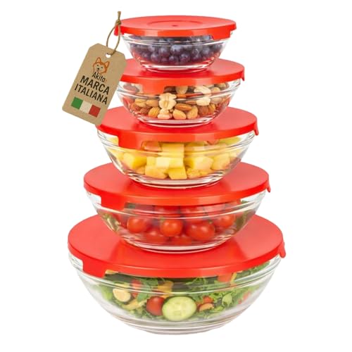 AKITAInk Set 5 Ciotole in Vetro con Coperchio Rosso - Contenitori Impilabili per Alimenti, Ideali per Frigo e Freezer