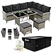 Juskys® Polyrattan Lounge Manacor mit Ecksofa, Esstisch, 2 Hocker & Kissen inkl. Abdeckung - wetterfest bis 7 Personen - Bezüge waschbar - Rattan Garten Sitzgruppe Gartenmöbel Set - Grau/Dunkelgrau