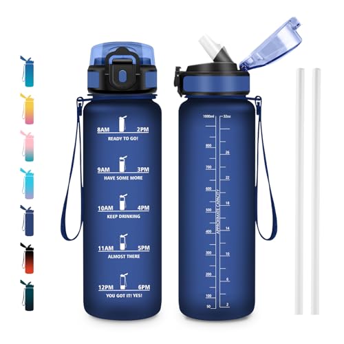 JAPORIA Botella Agua 1L, Sin BPA con Marca de Tiempo, Botella con Pajita, Cantimplora Motivacional para Gimnasio, Oficina, Escuela, Sport
