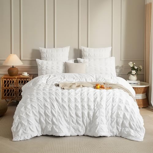 DXHOME Ropa de cama Seersucker de 135 x 200 cm, color blanco, 2 piezas, diseño a rayas, a cuadros, ropa de cama de verano refrescante, suave microfibra, funda nórdica con cremallera + 1 funda de