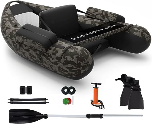 GYMAX Barco de Pesca Inflable con Respaldo Ajustable, Barco Neumático con Regla de Pesca y Bolsa de Transporte, Bote de Pesca Hinchable con Aletas, y Cierre de Velcro (Camuflaje)