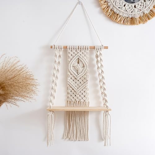 Wandregal Holz Regal, Wand Boho Deko Hängeregal Baumwollseil Handgewebte Schweberegal Holz Makramee Hängeregal für Wohnzimmer Schlafzimmer Balkon, Regal zum Aufhängen für Pflanzen und Heimdekoration