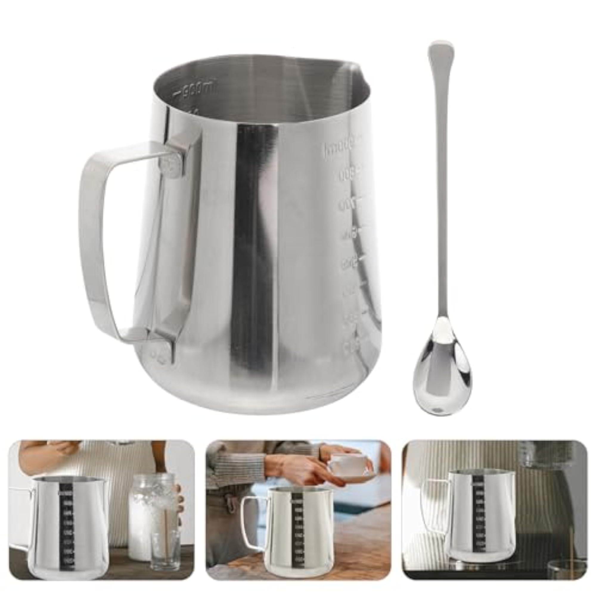 Stainless Steel Frother Cup with Stirring Spoon, Silver