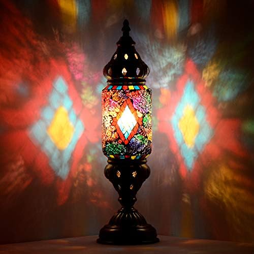 Marrakech Turkish Desk Lamp Handmade Mosaic Glass Table Lamp Moroccan Lantern Tiffany Style Decorative Night Lights with Black Diamond Pattern